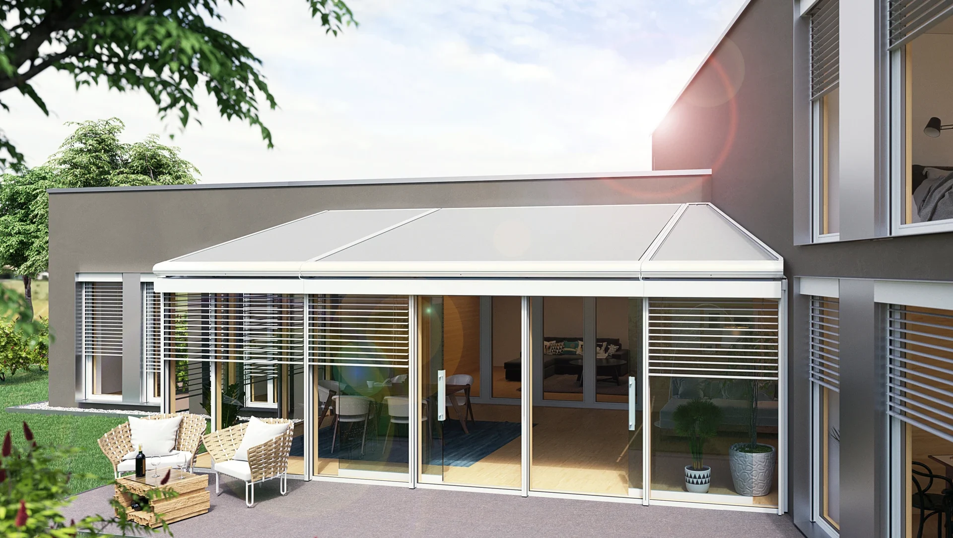 Moderne Terrasse mit Glasüberdachung und stilvollen Möbeln