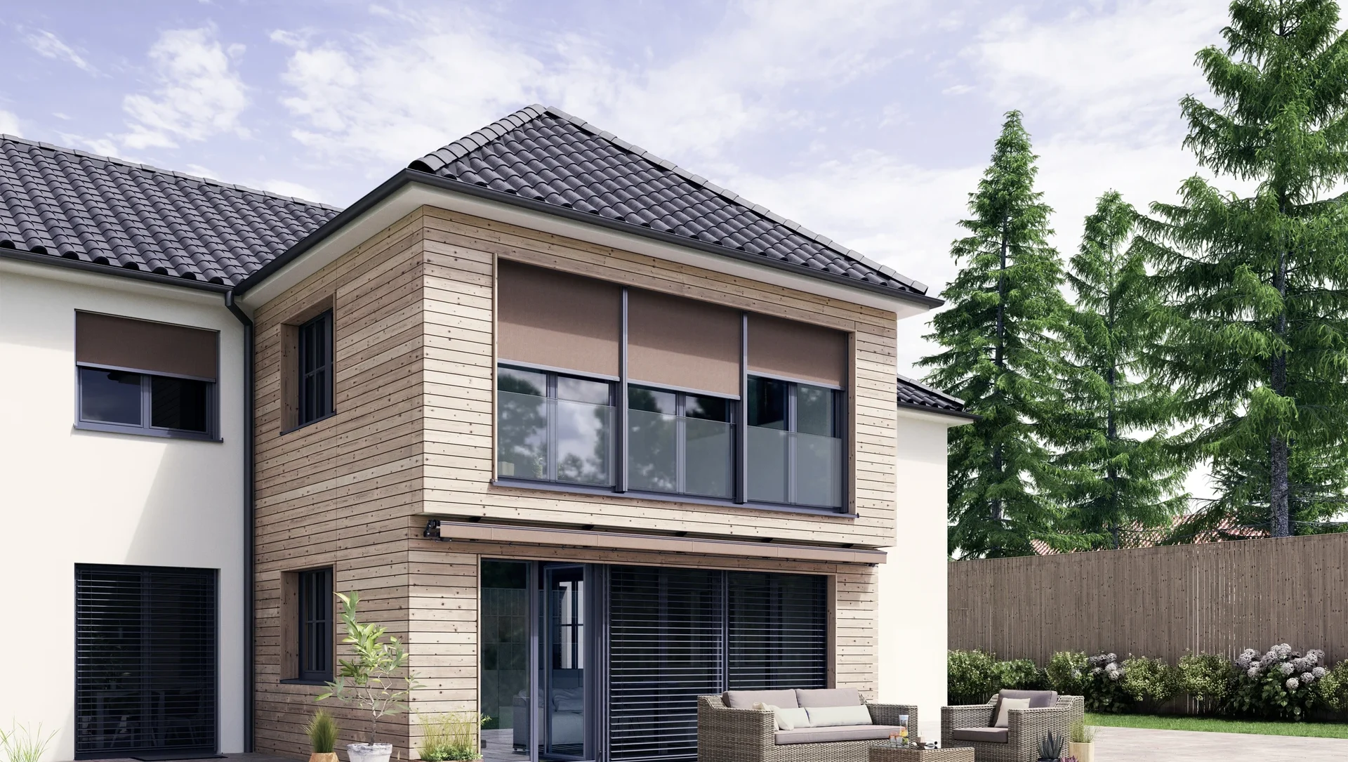 Modernes zweistöckiges Haus mit Holzelementen und großen Fenstern